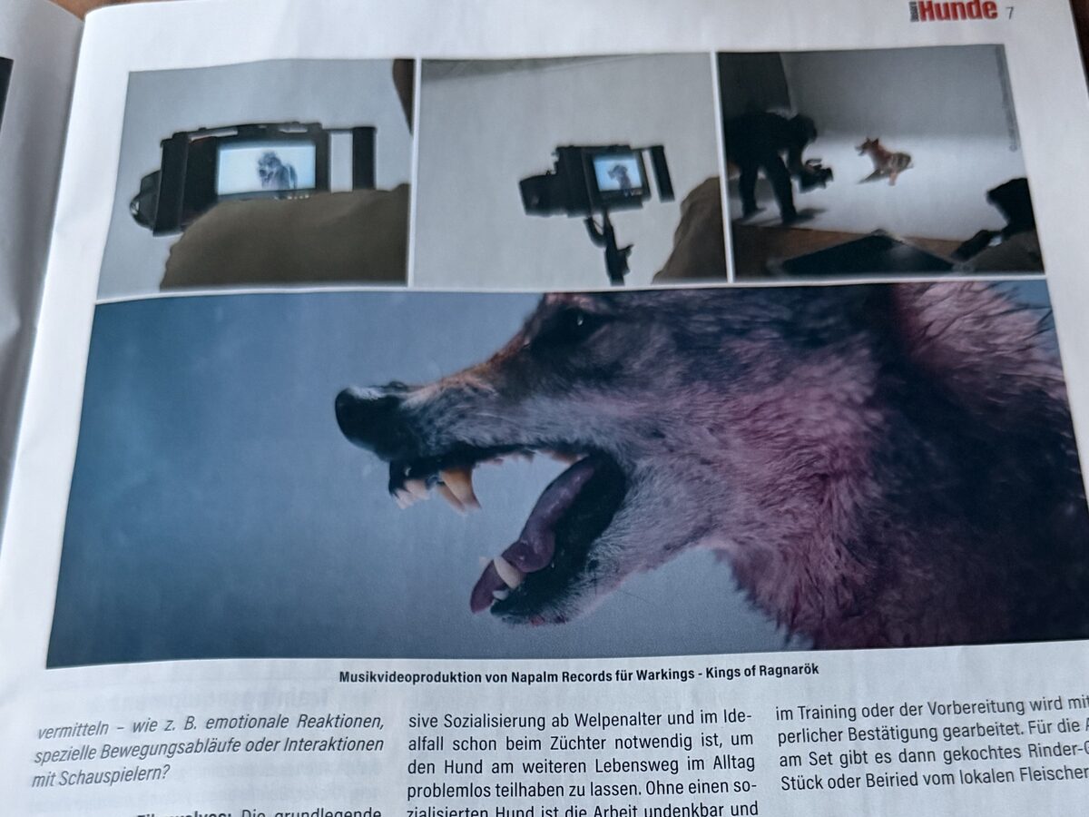 An open copy of the ÖKV Hunde magazine with the feature on Lunar Lupus Filmwolves